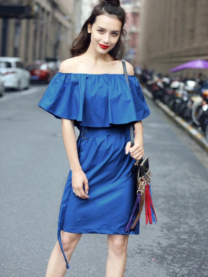 Romwe Blue Off The Shoulder Ruffle Split Back Dress