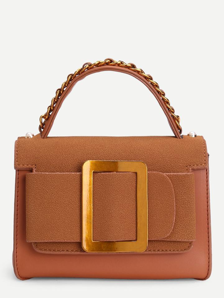 Romwe Buckle Front Pu Bag With Chain Handle
