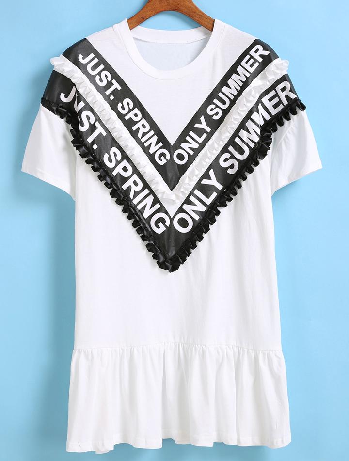 Romwe Ruffle Letter Print Peplum Hem White Dress