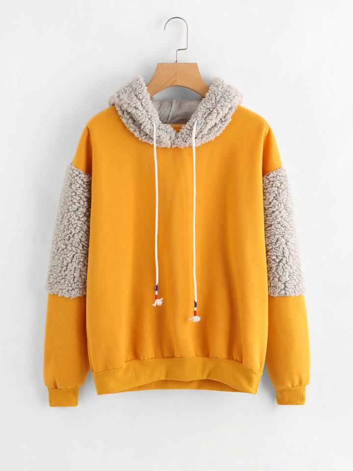 Romwe Contrast Faux Sherpa Hoodie