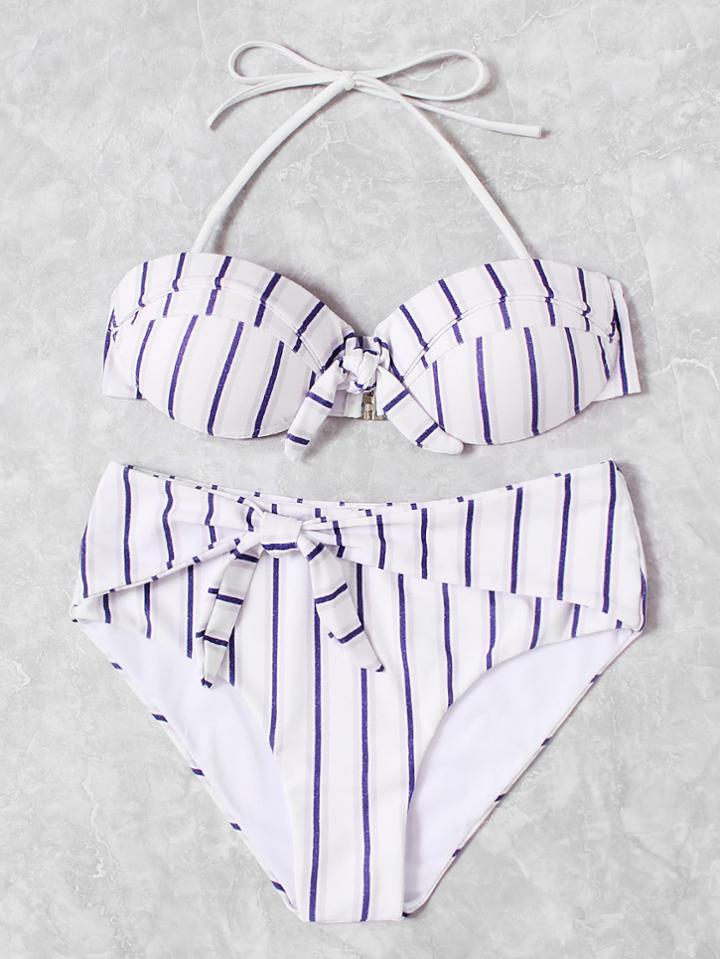 Romwe Striped Knot Bikini Set