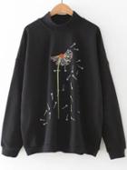 Romwe Black Dandelion Embroidery Mock Neck Sweatshirt