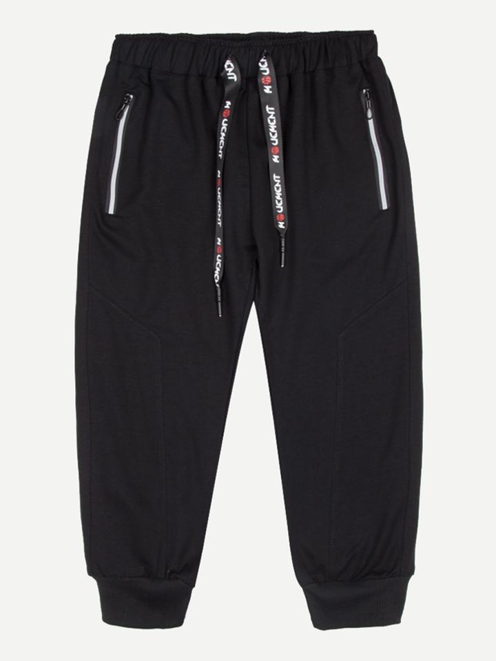Romwe Men Letter Printed Zipper Pocket Cropped Trousers
