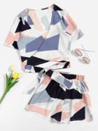 Romwe Geo Print Crisscross Tie Detail Top With Shorts
