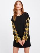 Romwe Sweatshirt Dress With Checked Puff Sleeve