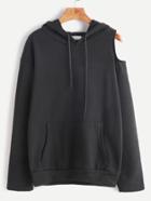 Romwe Black Asymmetric Open Shoulder Drawstring Hooded Pocket Sweatshirt