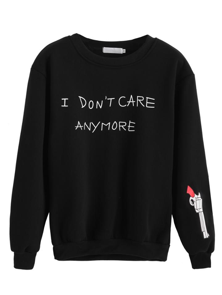 Romwe Black Sentence And Gun Print Sweatshirt