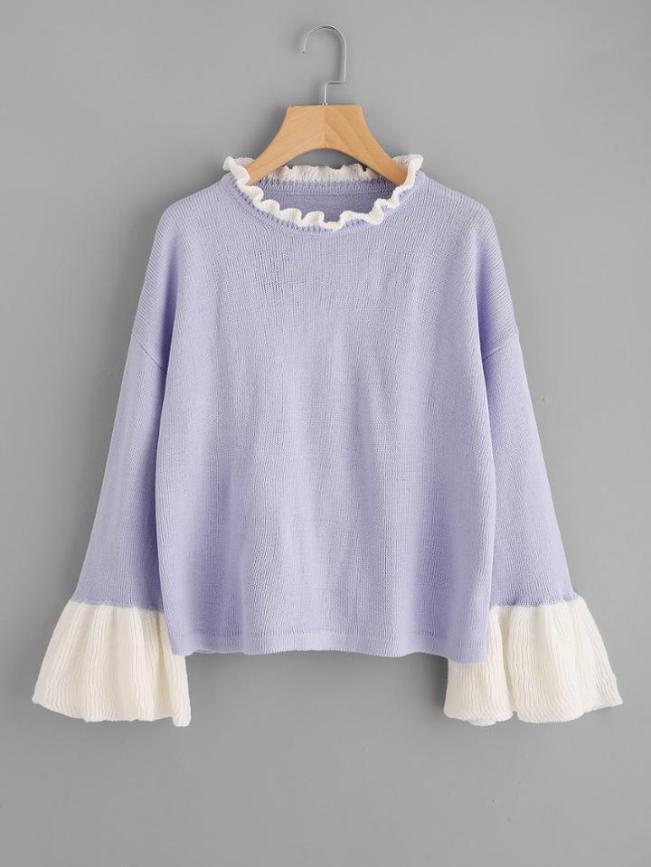Romwe Contrast Ruffle Neck And Bell Cuff Jumper