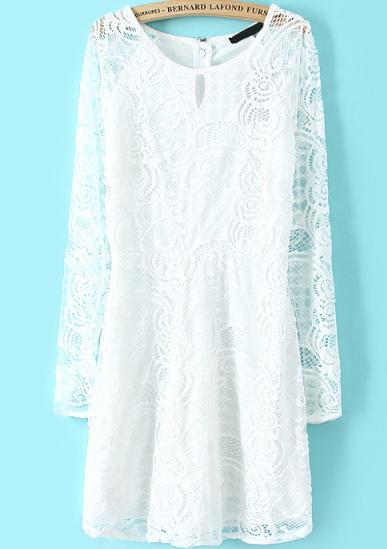 Romwe Long Sleeve Lace Embroidered White Dress
