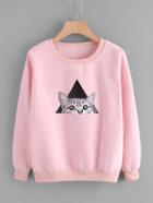 Romwe Cat Print Ribbed Trim Sweatshirt