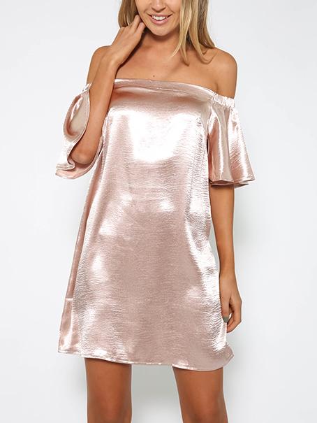 Romwe Metallic Pink Off The Shoulder Ruffle Sleeve Dress
