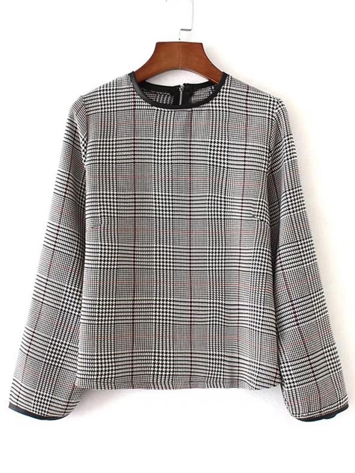 Romwe Contrast Pu Piping Plaid Top