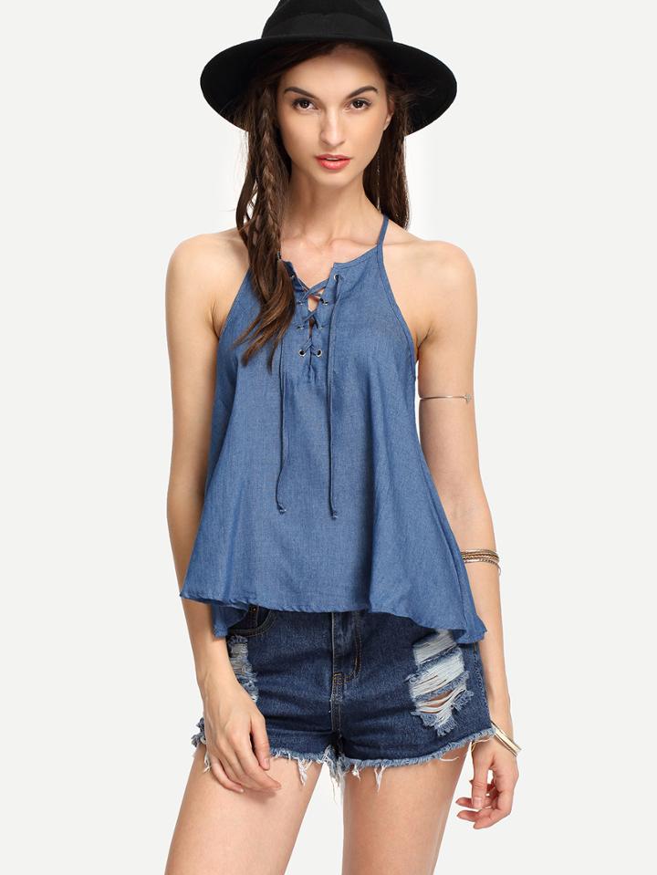 Romwe Blue Lace-up Front Racerback Swing Cami Top