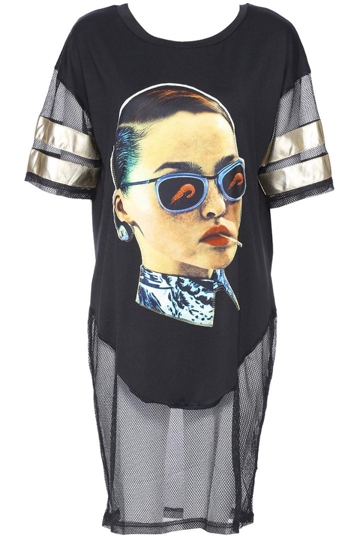 Romwe Romwe Cool Lady Print Black Short-sleeved T-shirt