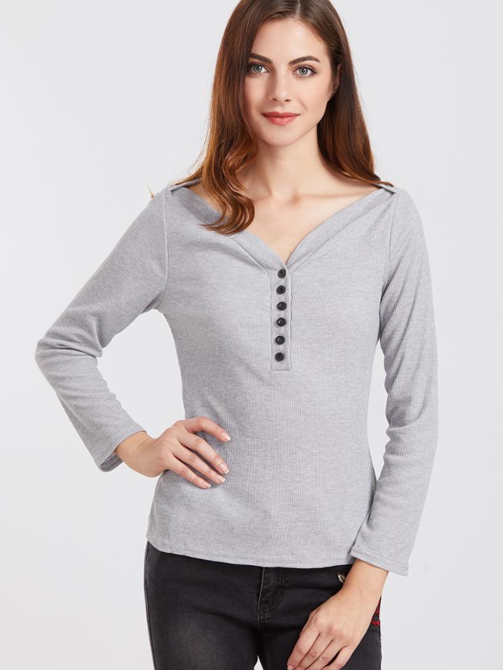 Romwe Grey Button V Neck Casual Top