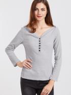 Romwe Grey Button V Neck Casual Top