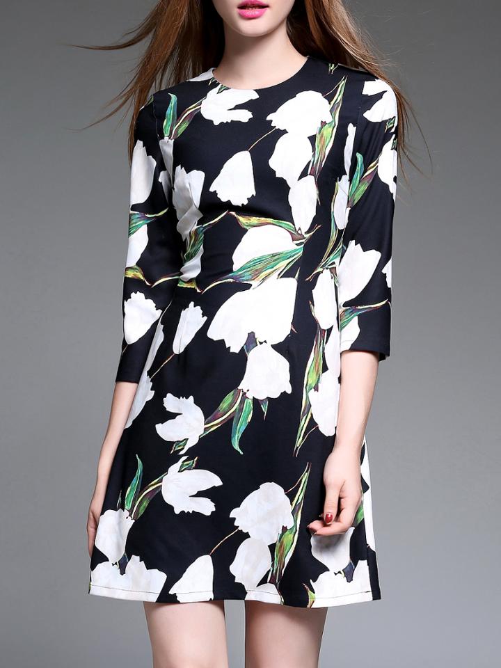 Romwe Black Flowers Print Shift Dress