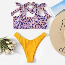 Romwe Random Leopard Print Bow Tie Bikini Set