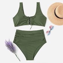 Romwe Plus Lace-up Top With High Waist Bikini Set