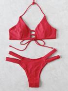 Romwe Red Halter Strappy Triangle Bikini Set