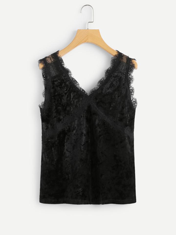Romwe Velvet Lace Panel Hollow Front Top