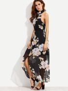 Romwe Flower Print Halterneck Slit Chiffon Dress