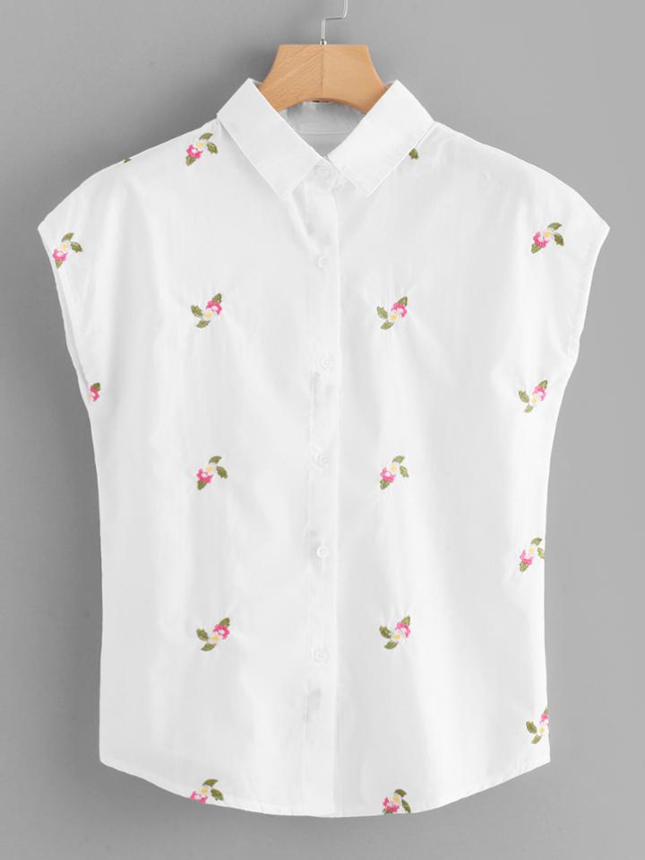Romwe Floral Embroidered Single Breasted Top