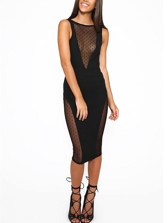 Romwe Mesh Insert Deep V-neck Pencil Dress - Black