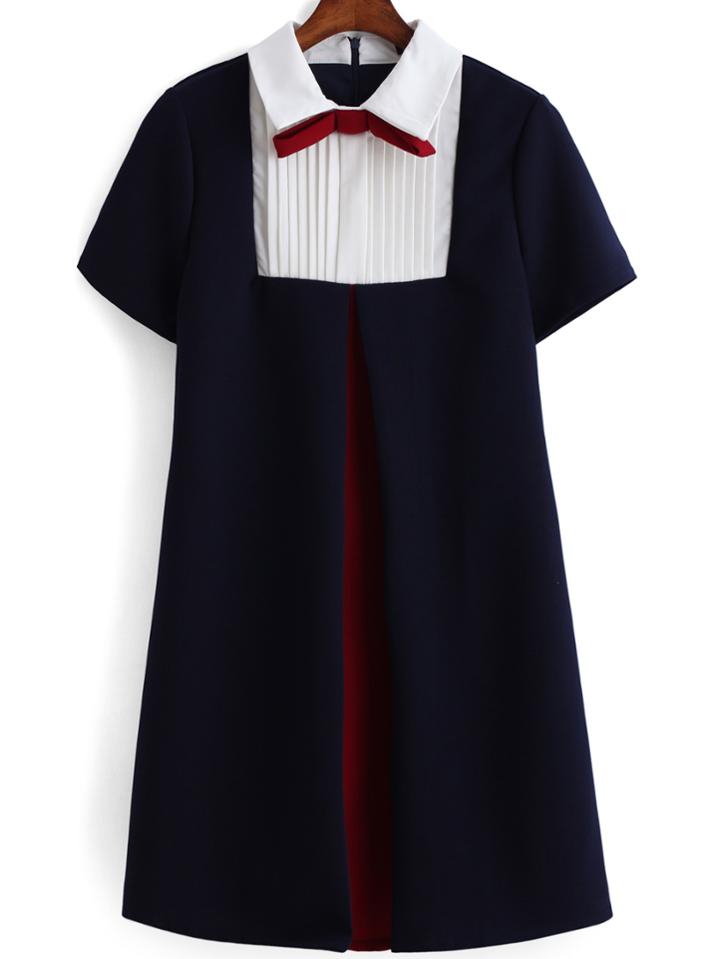 Romwe Contrast Collar With Bow Dress