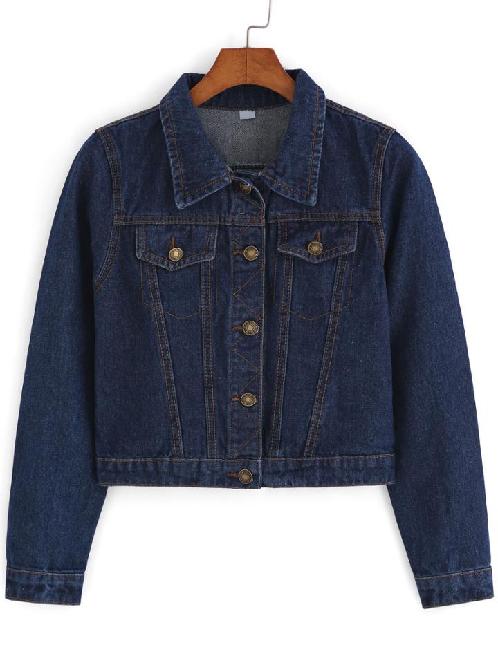 Romwe Lapel Buttons Crop Denim Coat
