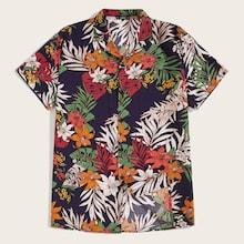 Romwe Guys Button Front Tropical Print Shirt