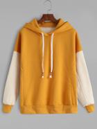 Romwe Mustard Contrast Sleeve Drawstring Hooded Sweatshirt