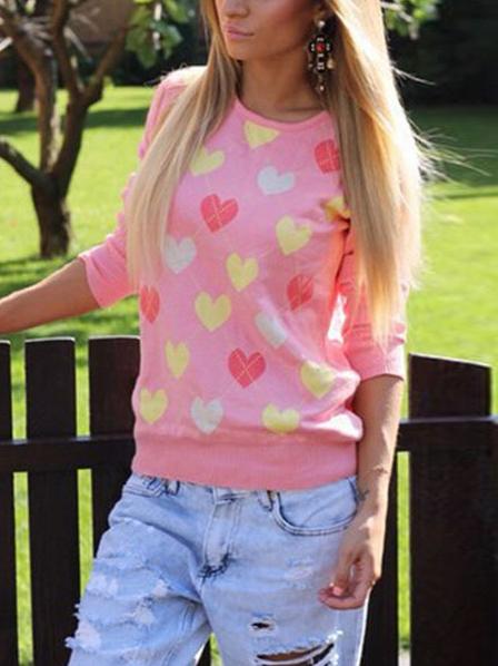 Romwe Pink Crew Neck Heart Shaped Print Sweater