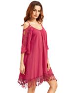 Romwe Hot Pink Open Shoulder Crochet Lace Sleeve Tassel Dress