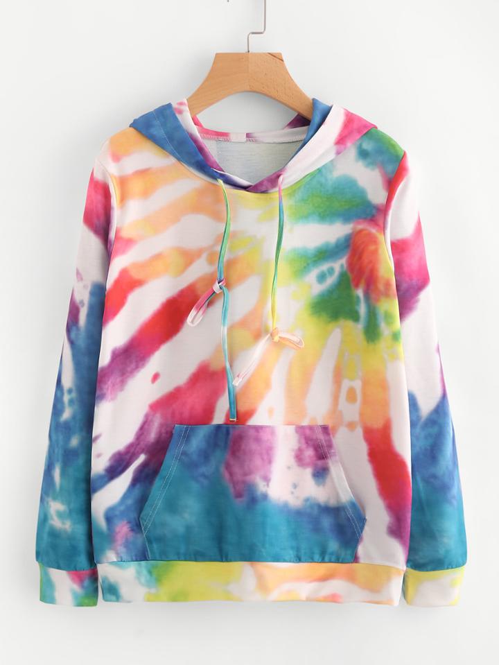 Romwe Kangaroo Pocket Water Color Hoodie