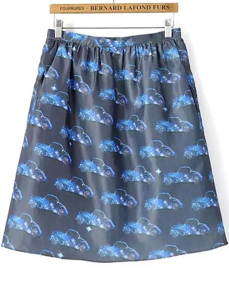 Romwe Car Print Flare Navy Skirt