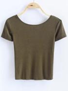 Romwe Army Green Low Back Short Sleeve T-shirt