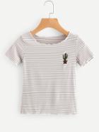 Romwe Cactus Embroidered Striped Tee