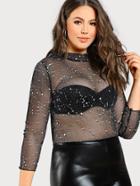 Romwe Lettuce Edge Detail Star Mesh Top