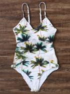 Romwe White Tropical Print V Neck One-piece Swimwear