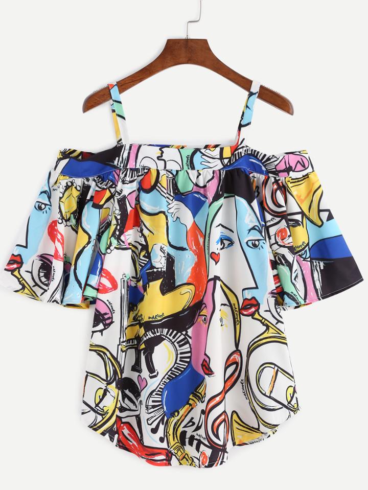 Romwe Cold Shoulder Abstract Print Top