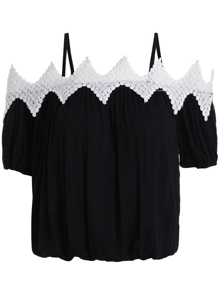 Romwe Off The Shoulder Crochet Black Top