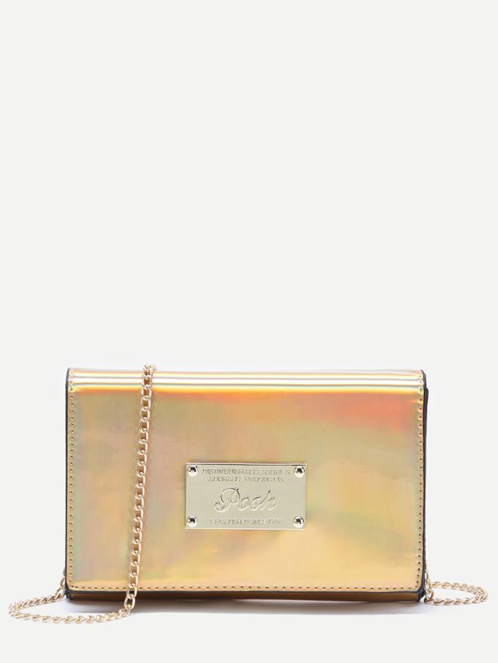Romwe Yellow Metal Embellished Hologram Laser Cultch Bag
