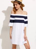 Romwe White Wide Stripe Off The Shoulder Pleated Sleeve Dress