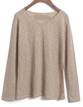 Romwe V Neck Slim Khaki T-shirt