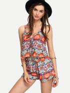 Romwe Orange Flower Print Cami Top With Shorts