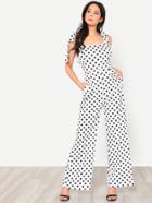 Romwe Self Tie Shoulder Wide Leg Polka Dot Jumpsuit