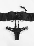 Romwe Woven Detail Lace Up Bikini Set
