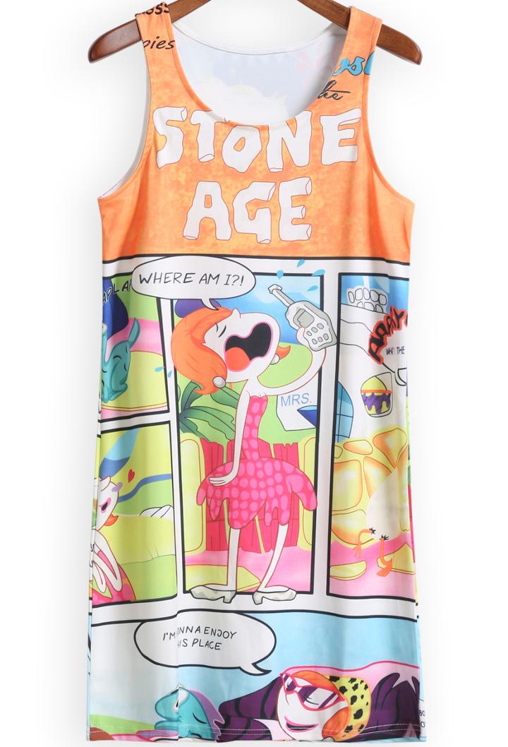 Romwe Multicolor Scoop Neck Stoneage Cartoon Print Tank Top