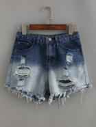 Romwe Ripped Blue Ombre Denim Shorts